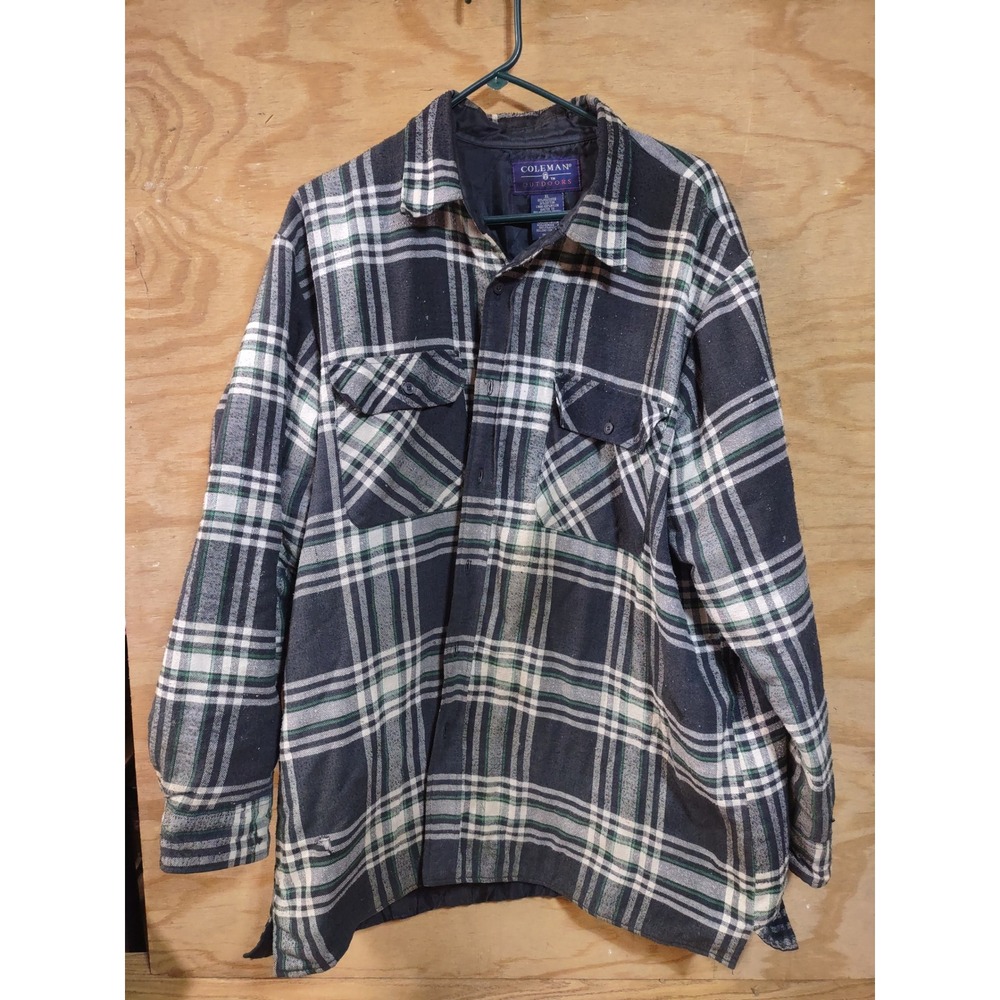Coleman Outdoors Mens XL Quilted Lined Flannel Shirt Jacket Plaid Black Green